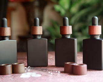 Rectangle Glass Bottle w/ Wooden Cap | 1oz (30ml) | 18/410 | Cosmetic Packaging
