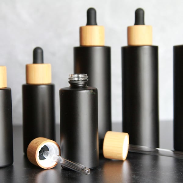 Matte Black Glass Dropper Bottle | Bamboo Cap | Matte Black Rubber Tip | Choose Your Size 1oz • 1.7oz • 3.4oz | Cosmetic Packaging