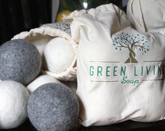 Eco-Friendly Set of 6 Wool Dryer Balls: 3" Diameter, Hand Felted Organic Dryer Balls w/ Drawstring Cotton Bag, Zero Waste Laundry Gift Set