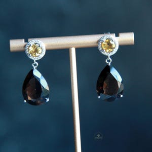 Pendientes de plata de ley con cuarzo ahumado y citrino - Baño de rodio