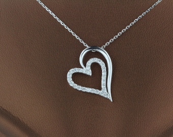 0.41ct F SI Unique Design Heart Diamond Pendant Prong Set Necklace 14k White Gold