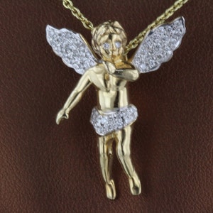 0.62ct Diamond Angel Pendant / Charm - 14k Yellow Gold Playing Horn