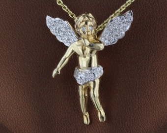 0.62ct Diamond Angel Pendant / Charm - 14k Yellow Gold Playing Horn