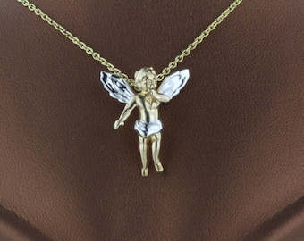 Gold Angel Pendant / Charm - 14k Yellow Gold Playing Horn