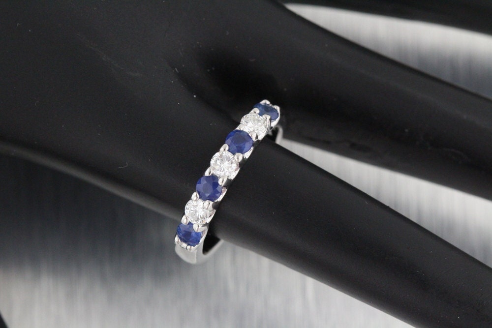 0.84ct 7石 ブルーサファイア/ダイヤモンド F VS2/SI1 結婚指輪 14k