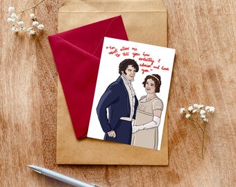 Pode incluir: Um cartão de felicitações com uma ilustração de desenho animado de um homem com um casaco azul-escuro e uma mulher com um vestido bege claro, com o texto vermelho: "You must allow me to tell you how ardently I admire and love you." num envelope castanho.