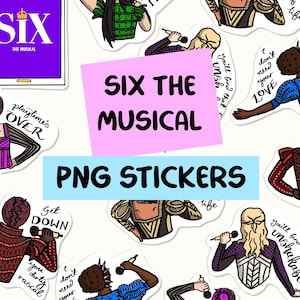 Könnte beinhalten: Eine Sammlung von PNG-Stickern mit Charakteren aus dem Musical "Six". Die Sticker zeigen Illustrationen der Königinnen in verschiedenen Kostümen, die Mikrofone halten, und enthalten Sätze wie "Don't lose your HEAD" und "Get DOWN".