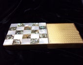 vintage brass compact,mother of pearl abalone lid,checkerboard pattern lid,slide out compact,mirror,powder puff,screen,ladies cosmetics