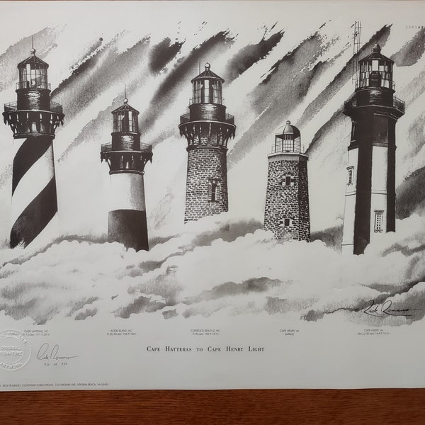 Rick Romano signed print,NC light houses,1995,VA lighthouses,five lighthouses,black white gray,coastal artwork,lighthouse collectors,gift