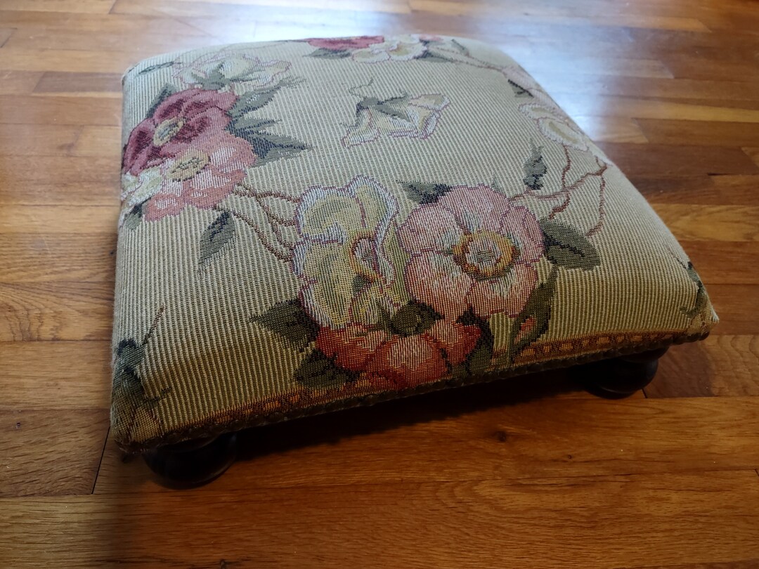 French Upholstered Footrest,tapestry Fabric,pink Roses,butterfly,brass Nailhead Trim,wood Bun