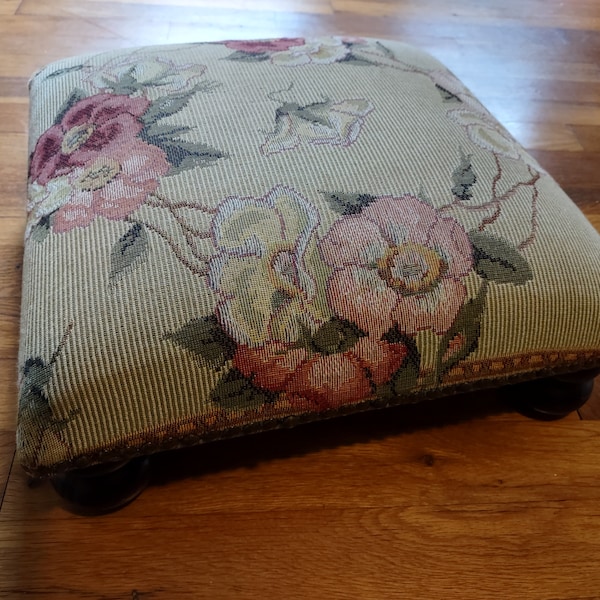 French upholstered footrest,tapestry fabric,pink roses,butterfly,brass nailhead trim,wood bun feet,Made in France,French country decor,gift