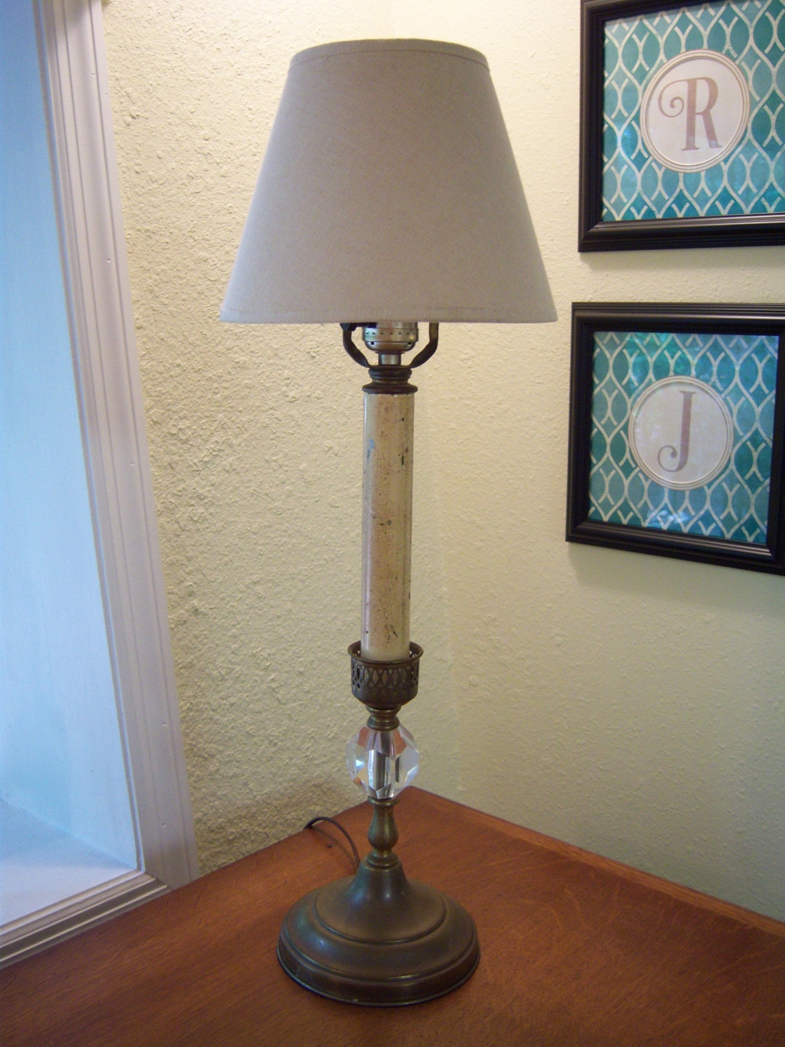 Vintage Candlestick Lamp/brass and Acrylic Accent Lamp/linen Shade