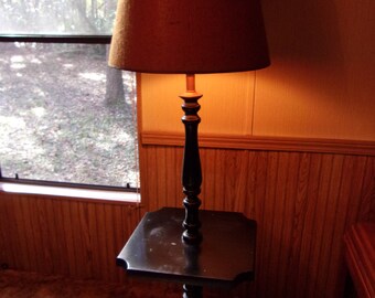 Vintage Floor Lamp built in Table solid Wood shiny Black Paint