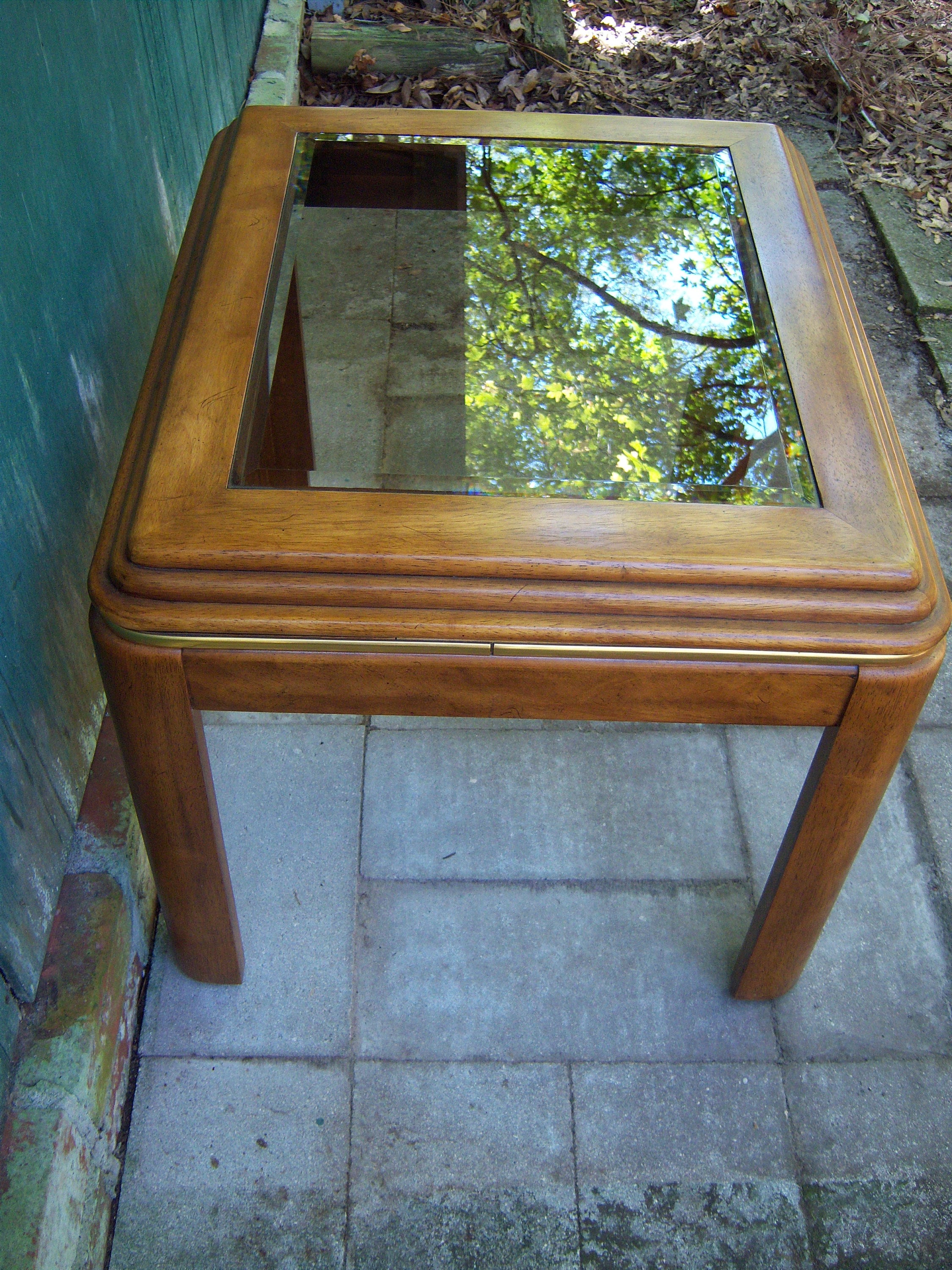 1980s Side Table,solid Wood,brass Trim,smoked Beveled Glass 1980s Side Table,solid Wood,brass Trim,smoked Beveled Glass
