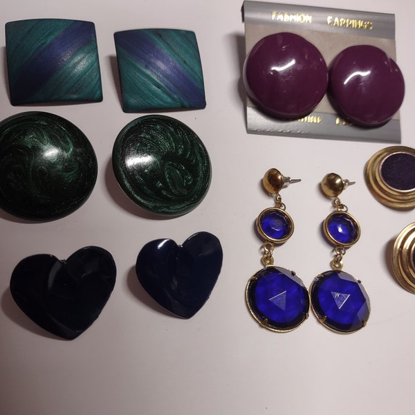 1980s pierced earrings,(6) pair of earrings,purple lucite earrings,green swirl earrings,dark blue hearts,dark blue dangle long earrings