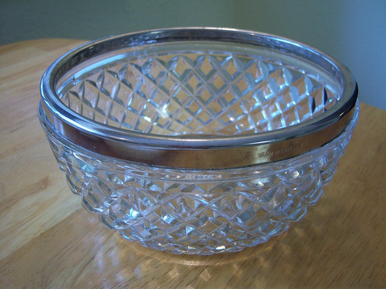 Vintage Cut Glass Bowl/silver Plated Rim/made in England/serving Bowl
