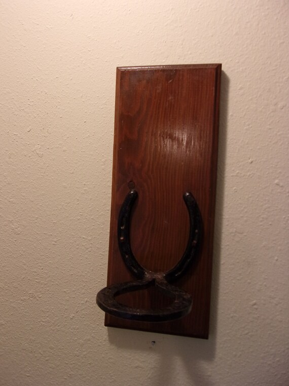 rustic wine bottle holder,wall mount,horseshoes,stained pine wood,Diamond hot forge horseshoes,farm house decor,unique,OOAK,horse lovers