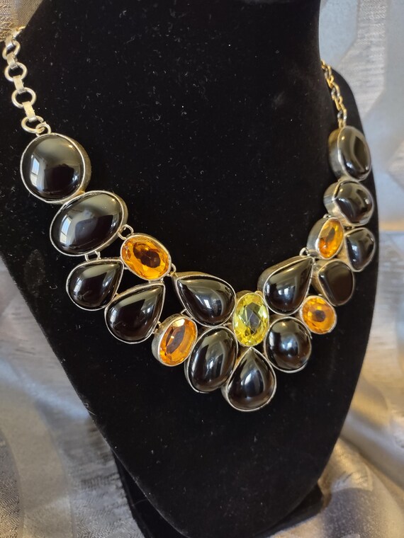 statement necklace,hand crafted,silver plated,bla… - image 2