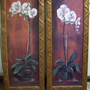 framed orchid flower prints,set of (2),wood carved frames,signed prints,vintage orchid prints,floral prints,white lavender pink coral,decor