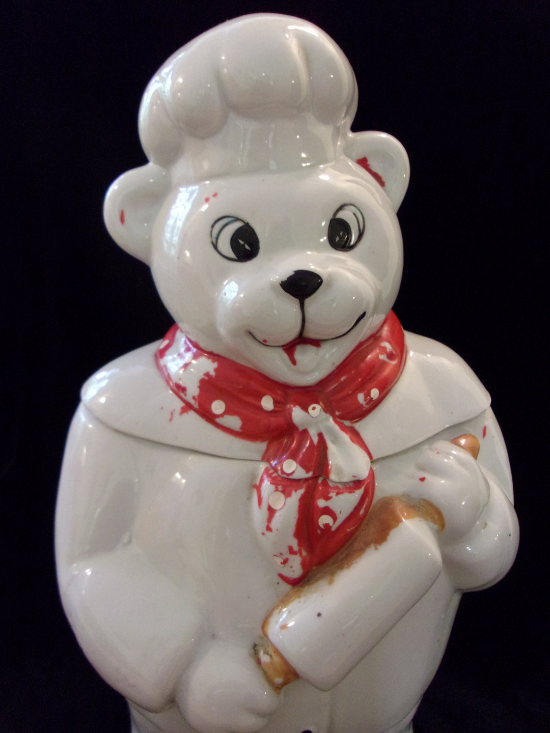 Vintage Ceramic Cookie Jar,chef Bear,rolling Pin,chippy Look Paint