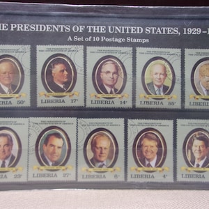 1929-1989 Präsidenten der Vereinigten Staaten, Set von (10) Briefmarken, Liberia, Franklin D. Roosevelt, John F. Kennedy, Jimmy Carter, Sammlerstück
