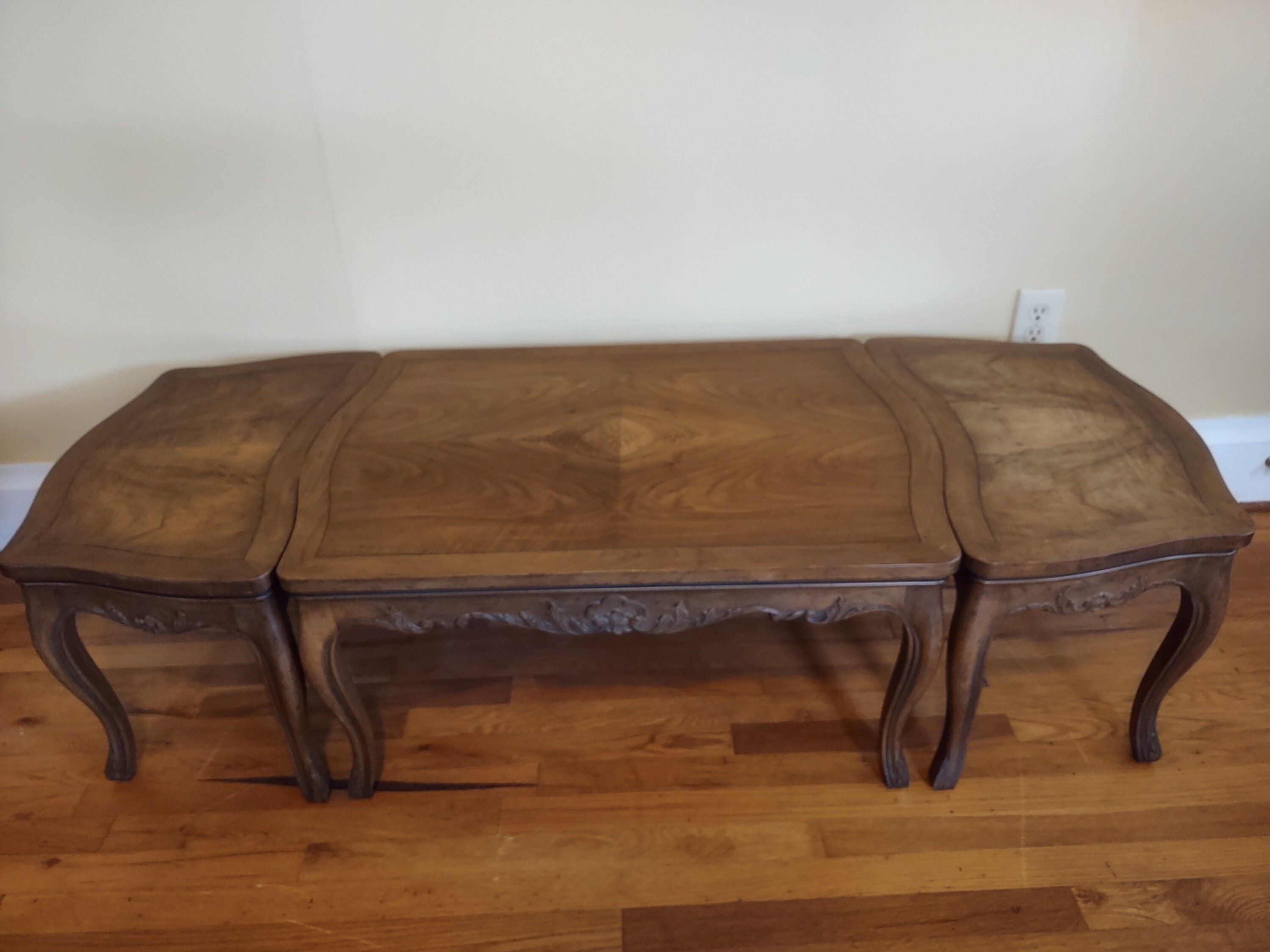 Rare Baker Furniture,(3) piece coffee table,burl wood tops,solid wood,carved design,French Provincial style,well made,versatile,vintagethumbnail