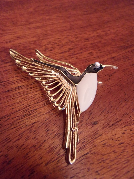 enameled hummingbird brooch,gold tone metal,black 