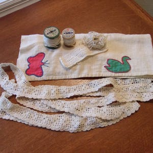 vintage crocheted lace,ivory color lace,vintage cotton thread on spools,Clark's thread,linen runner,hand appliqued ducks & butterflies