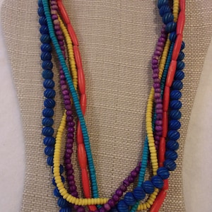 vintage five strand necklace,colorful,wood beads,yellow,eggplant,teal,tomato red,cobalt blue,tribal,boho,eclectic,well made,24&quot; long,gift