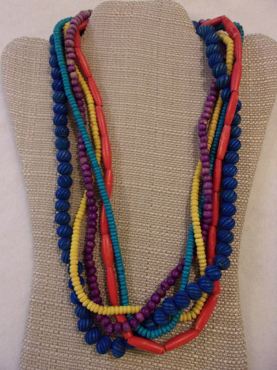 vintage five strand necklace,colorful,wood beads,y