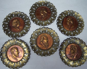 music composers plates,lot of (6),brass and copper,butterfly edges,Beethoven,Chopin,Mendelssohn,Bach,Brahms,Tchaikovsky,music lovers,gift