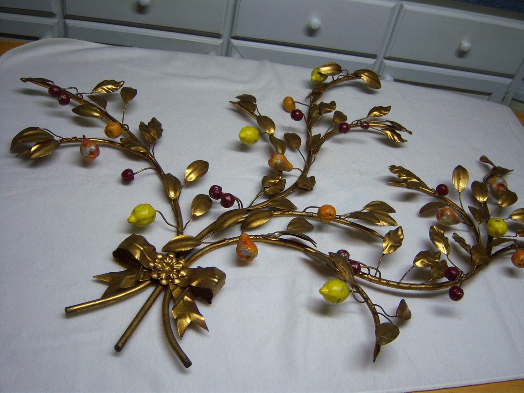 Italian Metal Wall Art,ooak Wall Spray,gold Leaves,lemons,cherries