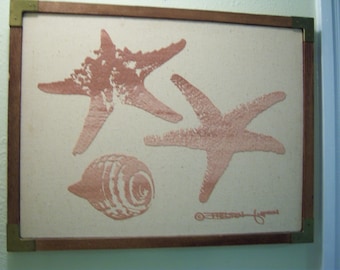 Coastal theme original hand screen print/1982 Shelton Jepson screen print/Pine frame with brass corners/Starfish & shell/Beach decor