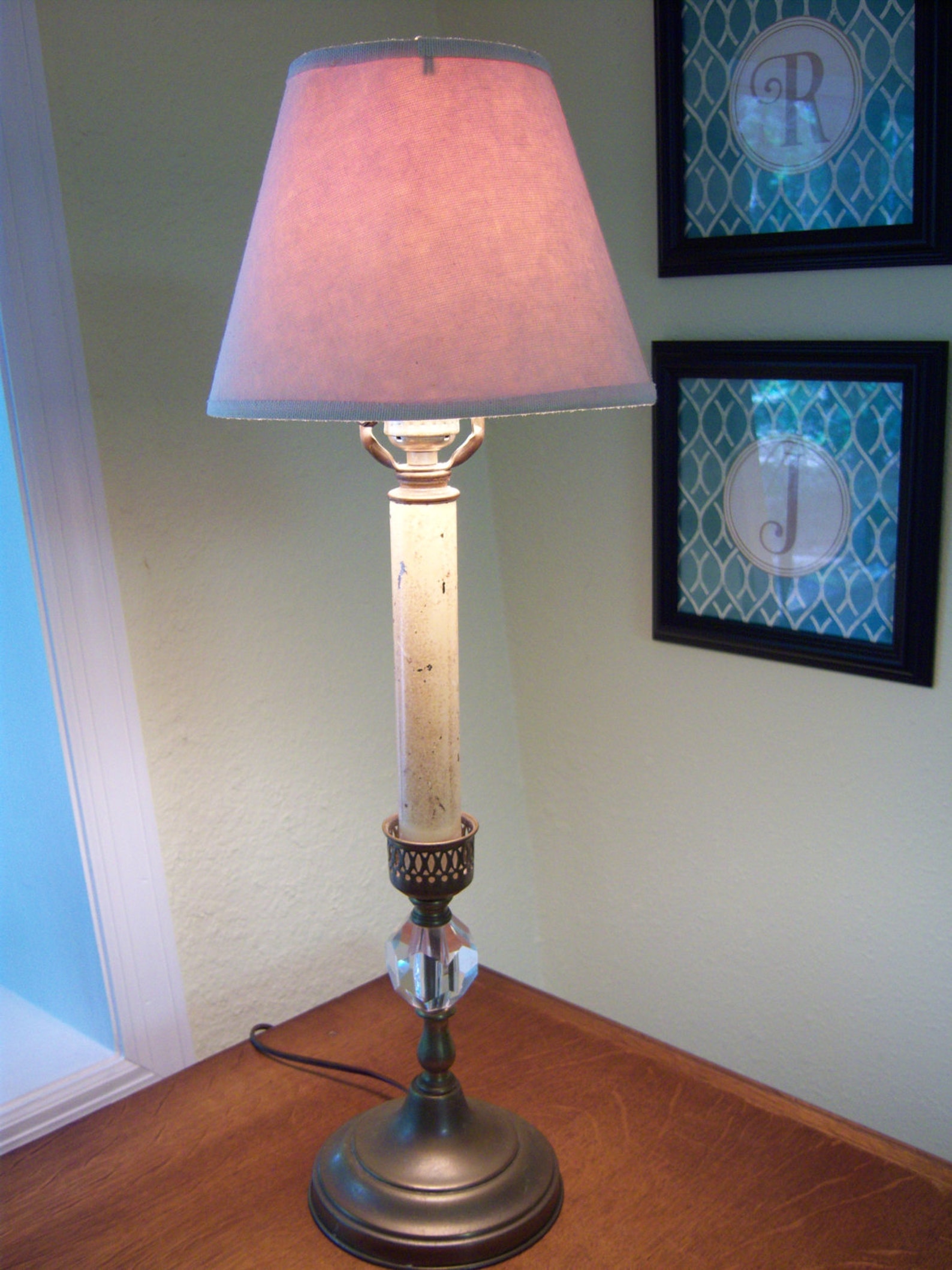 Vintage Candlestick Lamp/brass and Acrylic Accent Lamp/linen Shade