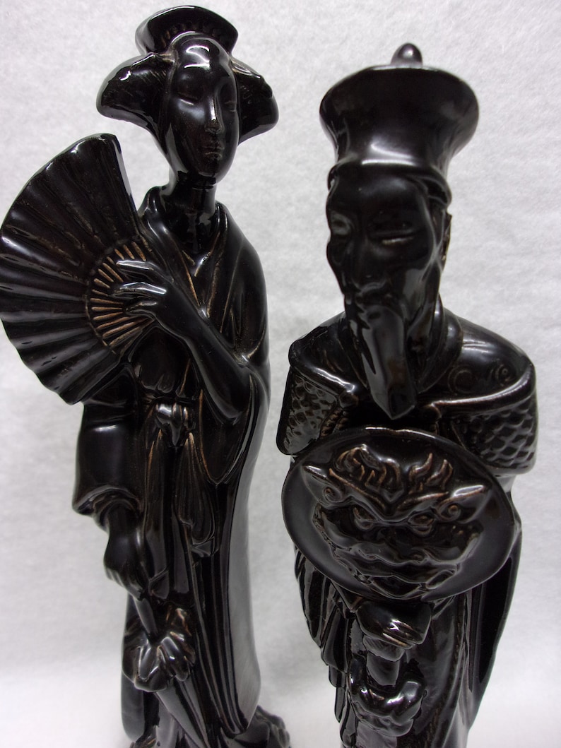 Vintage Asian Statuesgloss Black Ceramic Staturesasian Etsy