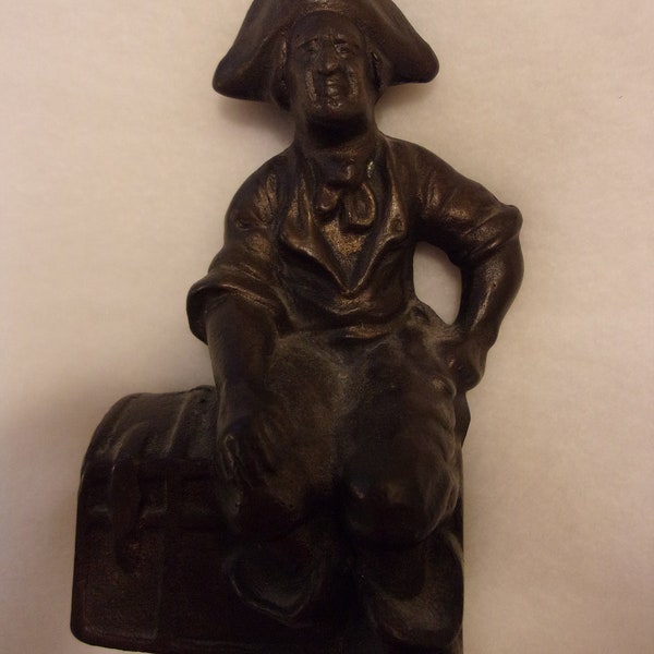 cast iron pirate bookend,cast iron door stop,possibly Hubley,treasure chest,nautical,Jolly Roger,heavy cast iron,bronze finish,coastal