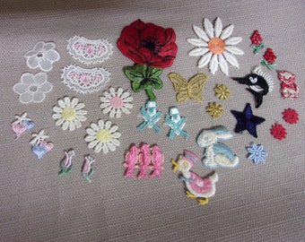 vintage embroidered appliques,(29) in lot,assorted,daisies,rose,butterfly,duck,birds,bunny,cat,fish,windmills,hearts,star,lace,sewing,crafts