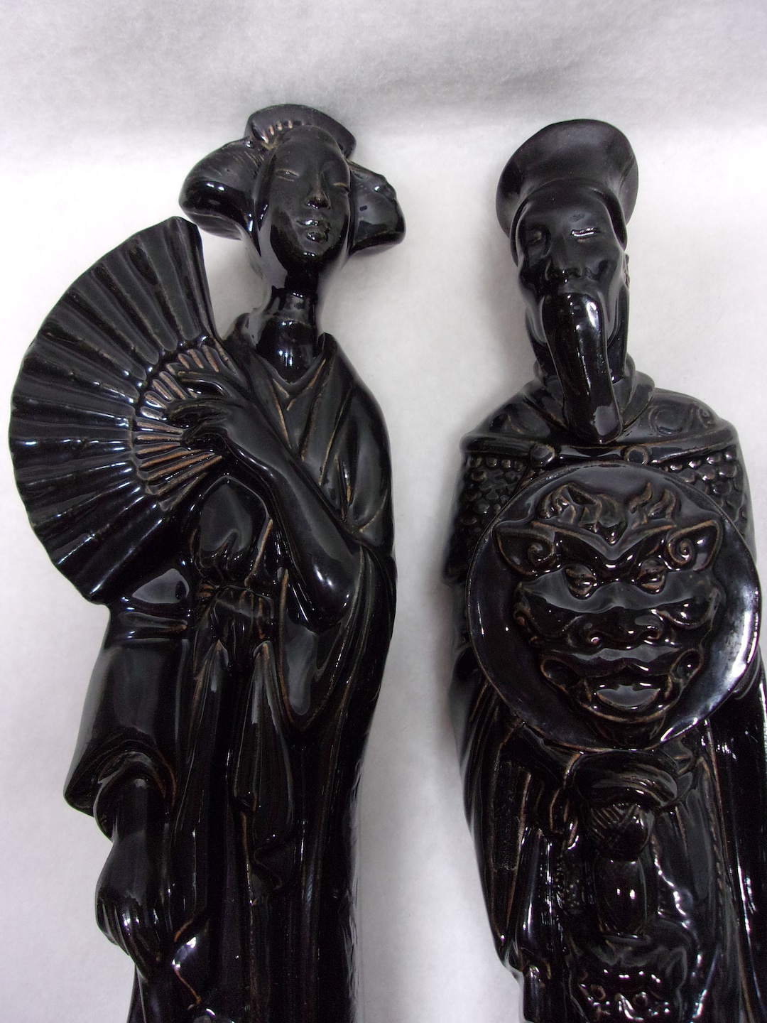 Vintage Asian Statues,gloss Black Ceramic Statures,asian Man,asian