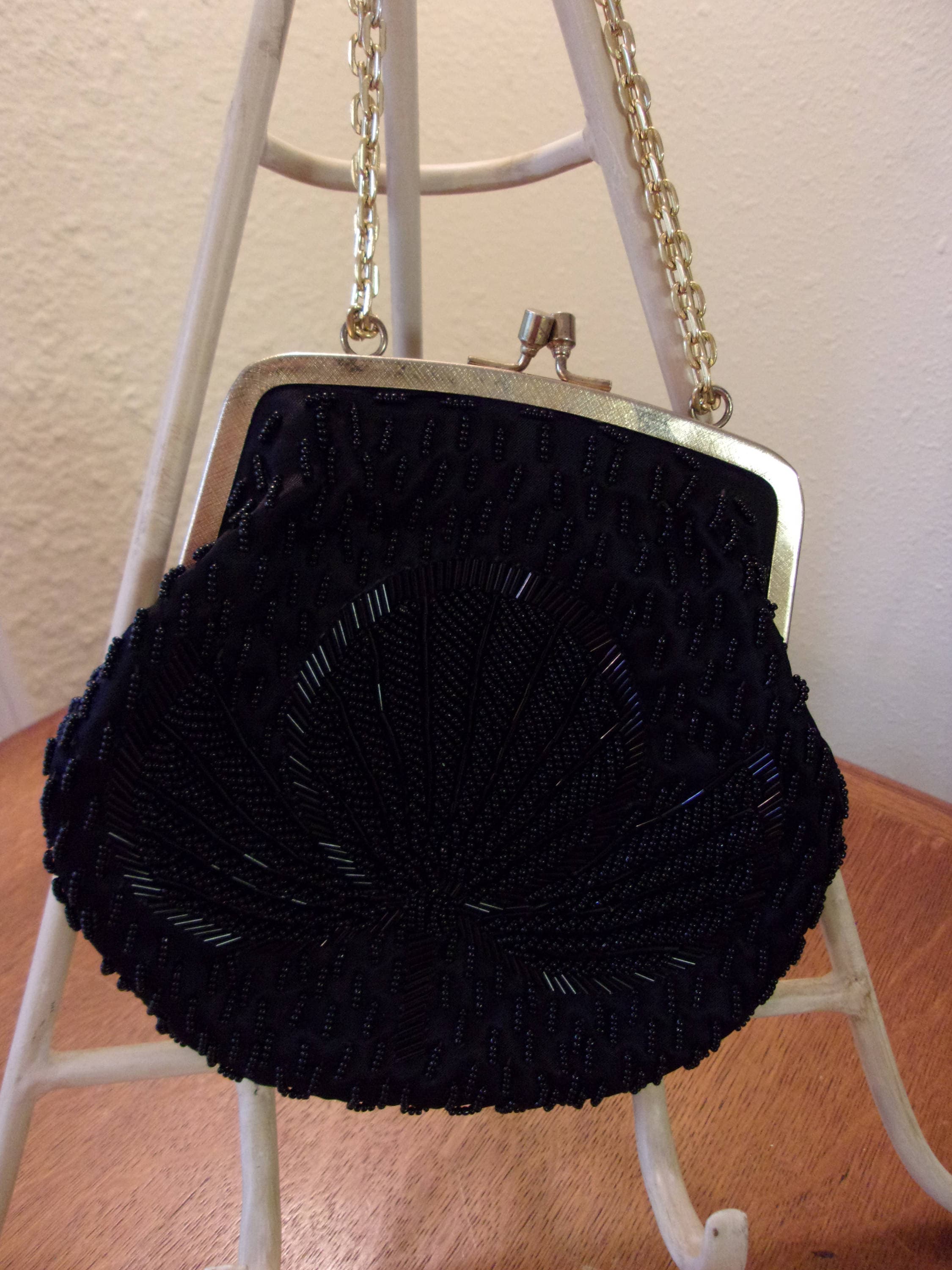 Vintage Black Beaded Evening Bag Clutch Purse With Chain strap: Hand-made