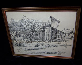 Rose Mary Goodson artist,ink drawing,old western store,gold mining town,Rochford South Dakota,signed ink drawing,framed,home decor,rustic