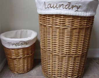 matching wicker laundry & trash baskets,large wicker basket,heavy cotton lining,embroidery,well made,vintage wicker,laundry room,functional