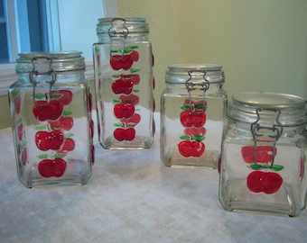 bemalte Apfelmotiv Dosen, Glasdosen, Klappdeckel, 4-teiliges Dosenset, Küchendekor, Bauernhaus, rustikal, Küchenaufbewahrung, Organisation