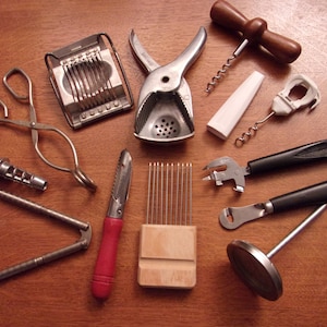 vintage kitchen tools,kitchen gadgets,collection,egg slicer,zester,apple peeler,tongs,nut cracker,thermometer,cork screws,bottle opener