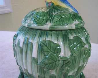Decoratieve keramische pot in tropische stijl/Tropische vogel met bamboe/Jay Willfred/Andrea van Sadak/Coastal decor/Tropisch decor