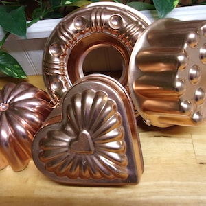 vintage copper clad jello molds,lot of (4),heart shape mold,round ring mold,fluted molds,farm house decor,kitchen decor,cooking gadgets