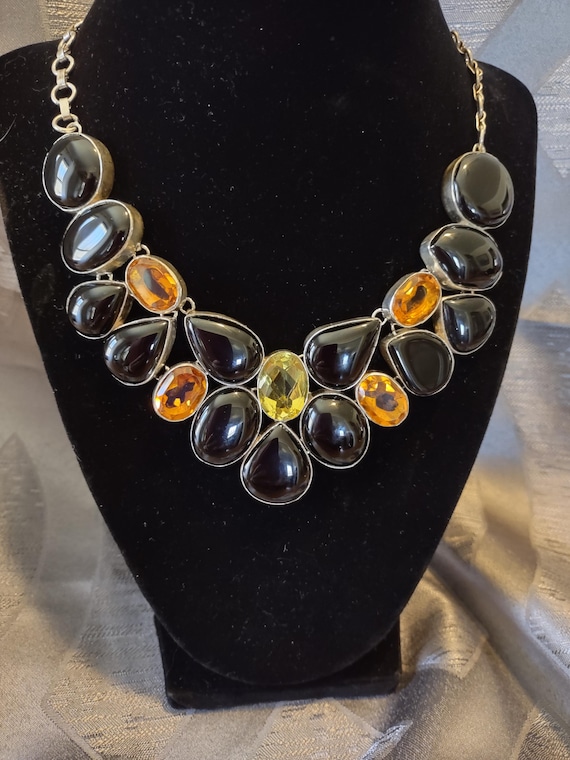statement necklace,hand crafted,silver plated,bla… - image 1