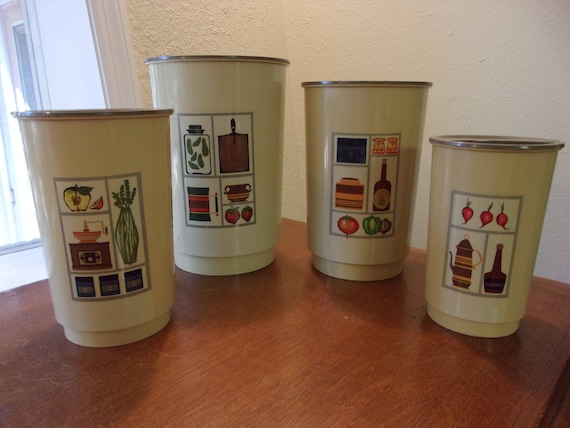 vintage canister set,hard plastic canister set,beige with green lids,kitchen art,fruit,veggies,coffee grinder & pot,cutting board,pickles