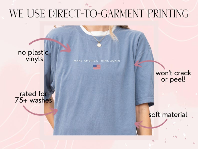 May include: A light blue t-shirt with the text "MAKE AMERICA THINK AGAIN" and a small American flag. The shirt is made of soft material and is rated for 75+ washes. The printing uses no plastic vinyls and won't crack or peel.