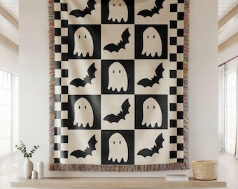 Halloween throw blanket,ghost throw blanket,Checkered blanket,cozy reading blanket,fall throw blanket,spooky season bats,autumn woven throw
