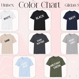May include: Color chart of Gildan Softstyle t-shirts in various colors, including white, black, navy, sand, light blue, dark heather, military green, and sport grey. The text "64000 Unisex" and "Color Chart" are also visible.